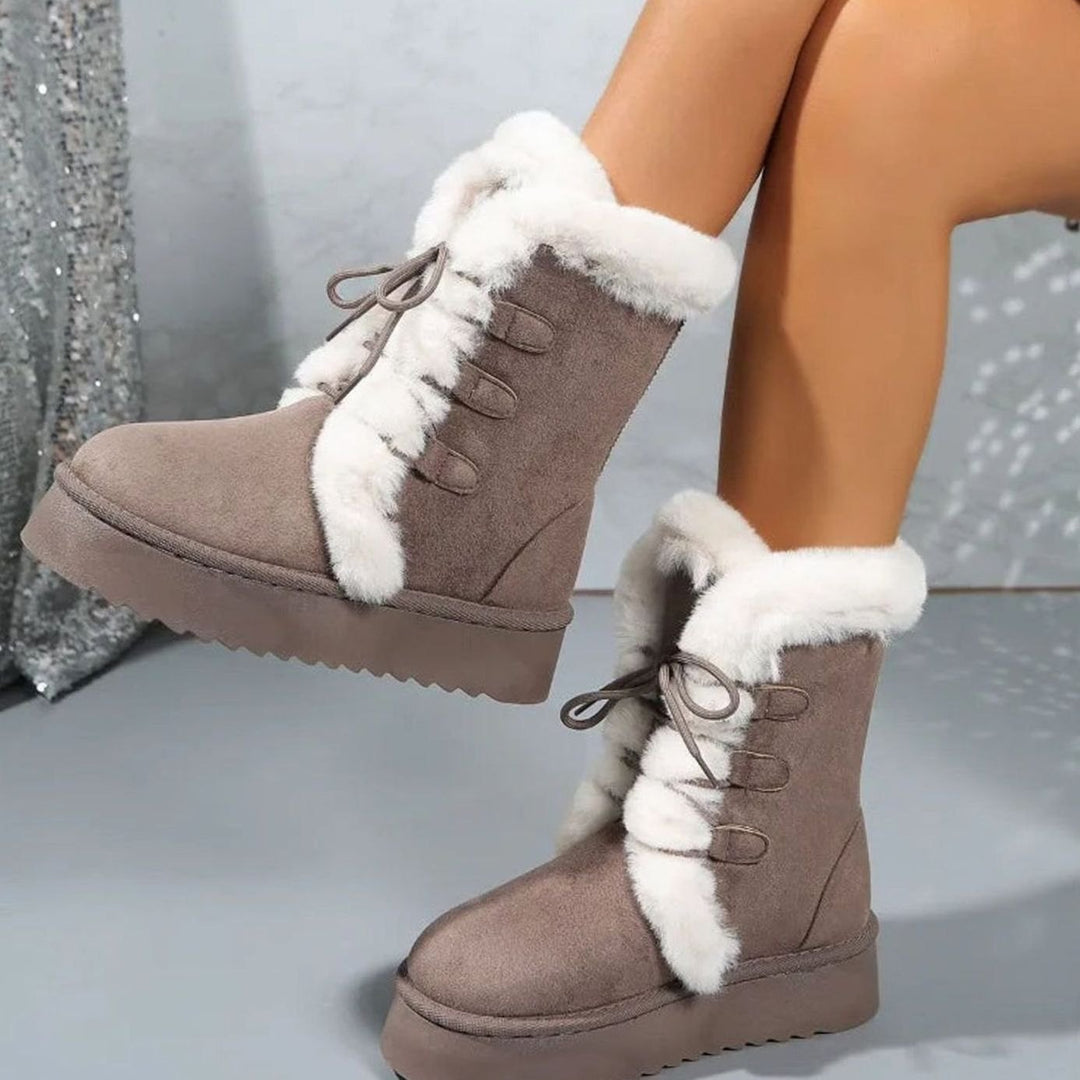 Women's Fur-Trim Lace-Up Mid-Calf Snow Boots - Camel