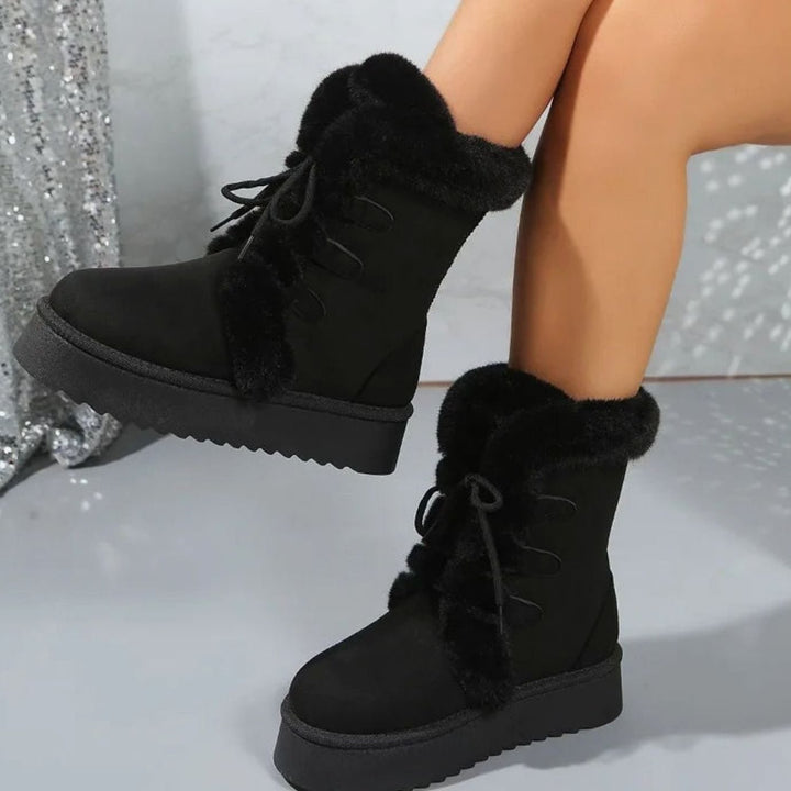 Women's Fur-Trim Lace-Up Mid-Calf Snow Boots - Black