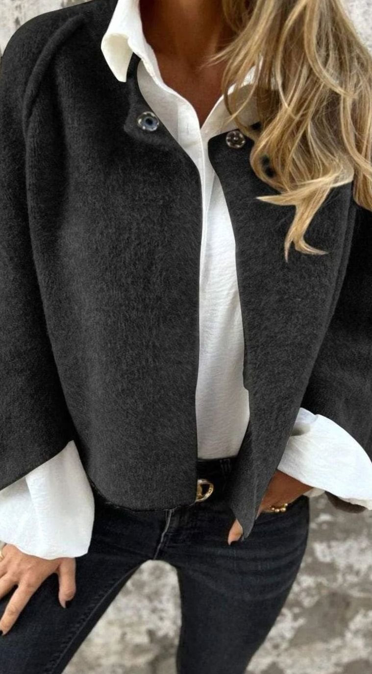 Women's Fuzzy Knit Jewel-Button Cropped Cardigan Sweater - Black