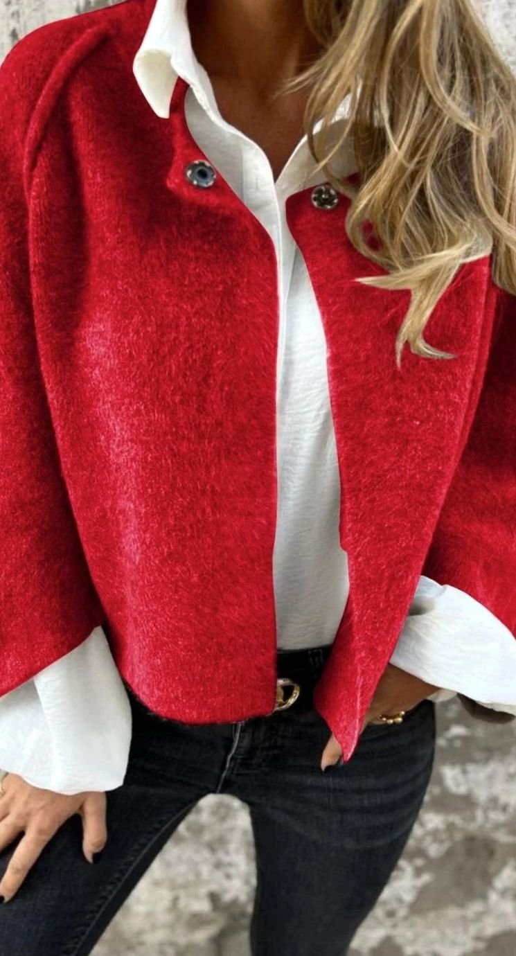 Women's Fuzzy Knit Jewel-Button Cropped Cardigan Sweater - Red