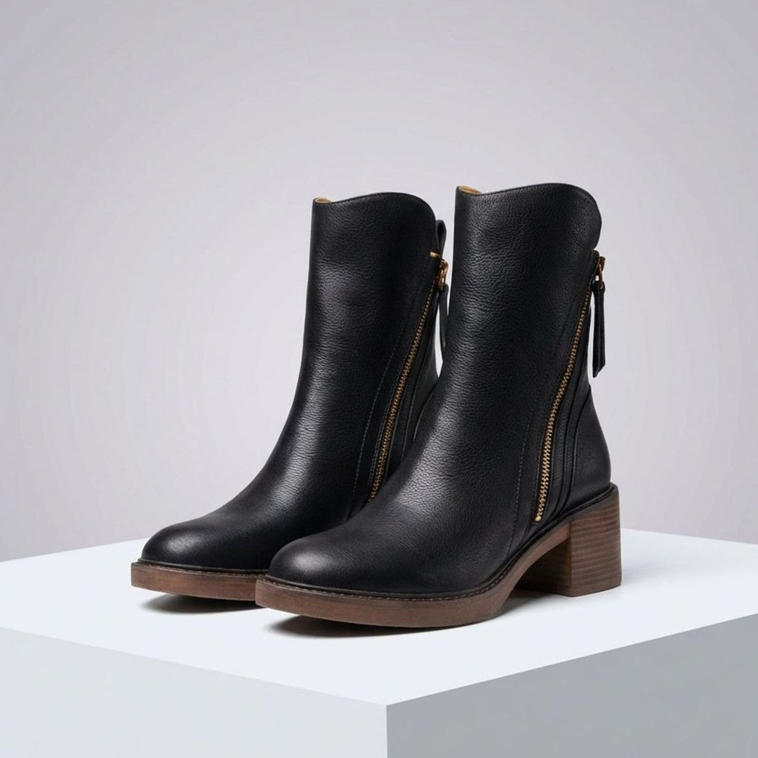 Women's Genuine Leather Side-Zip Ankle Boots - Black