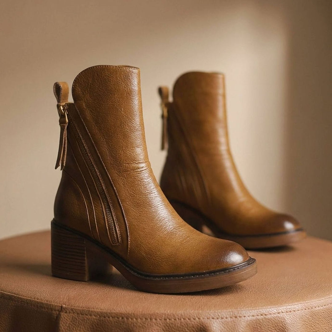 Women's Genuine Leather Side-Zip Ankle Boots - Brown