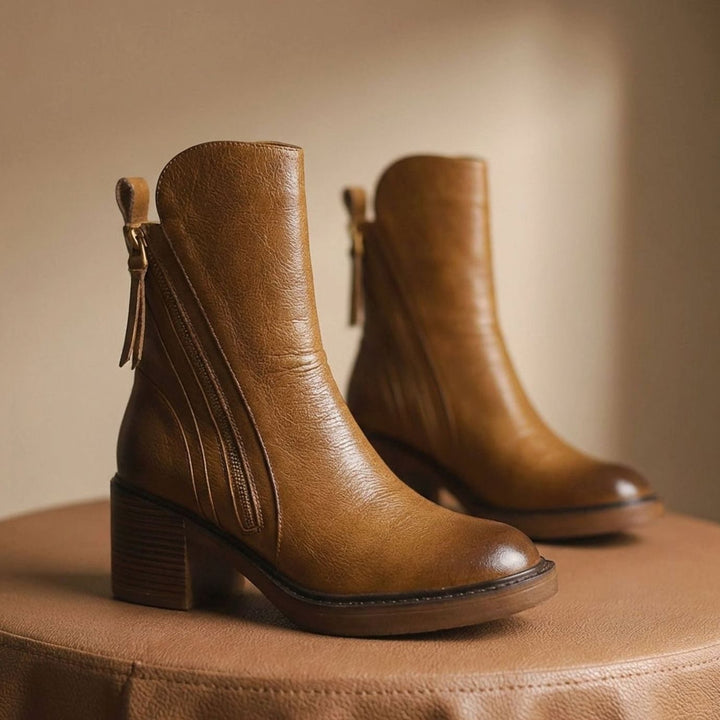 Women's Genuine Leather Side-Zip Ankle Boots - Brown