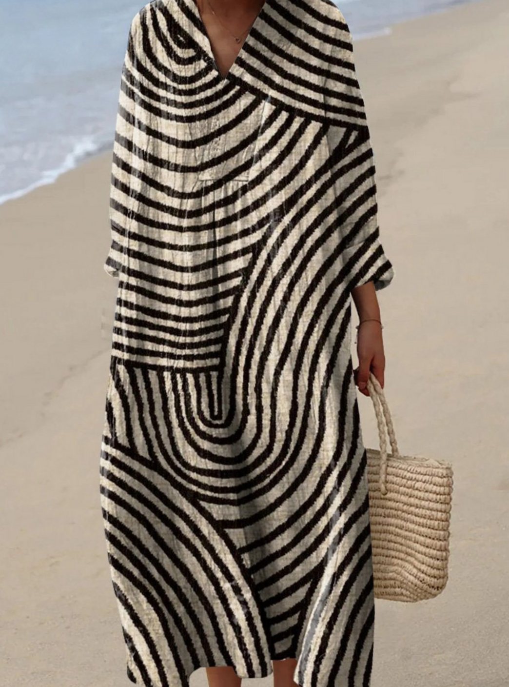 Women's Geometric Circle Print Long Sleeve Flowy Midi Dress - Multicolor