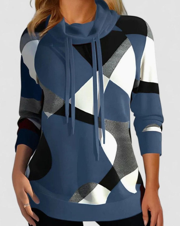 Women's Geometric Color Block Cowl Neck Pullover Sweater - Blue