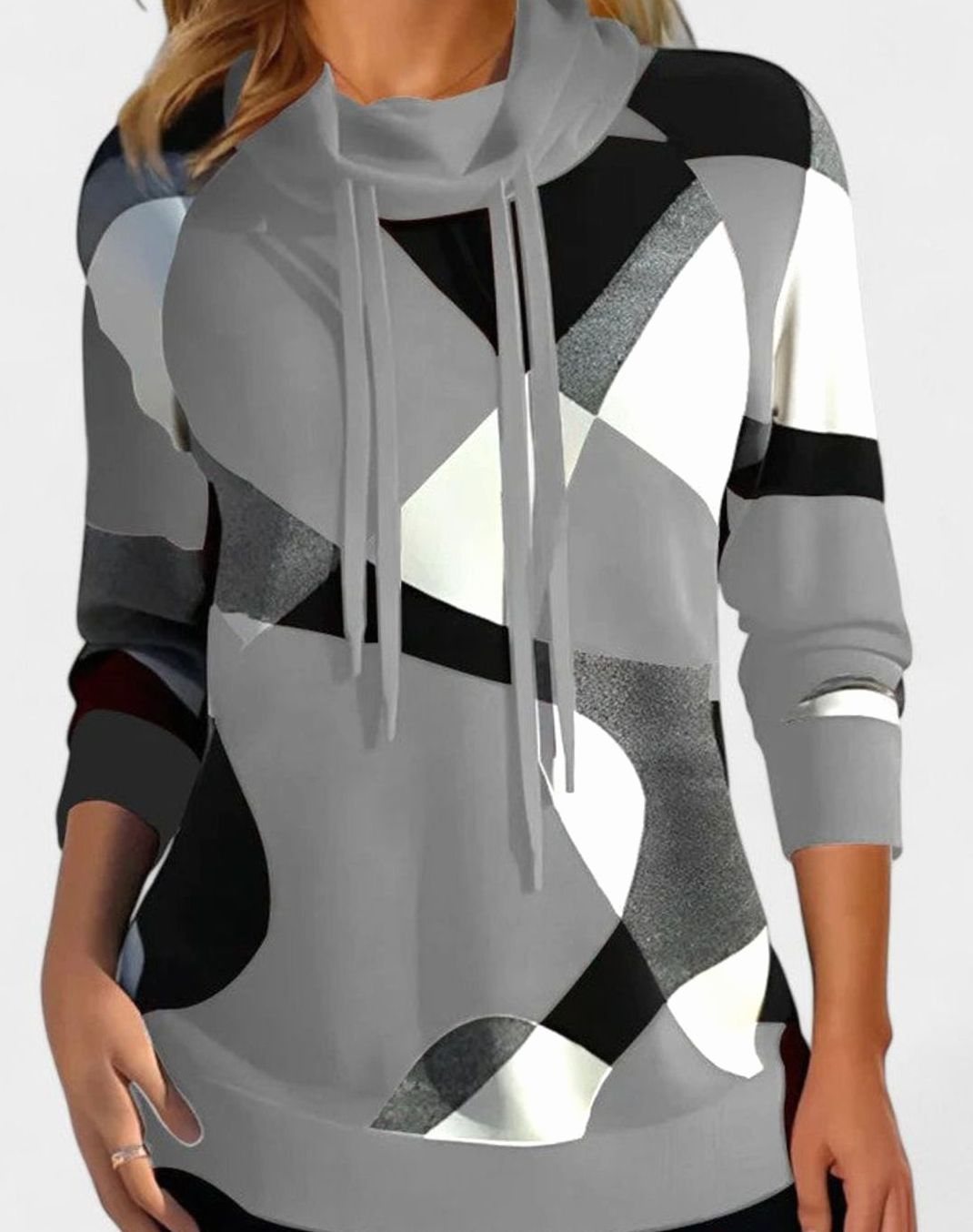 Women's Geometric Color Block Cowl Neck Pullover Sweater - Gray