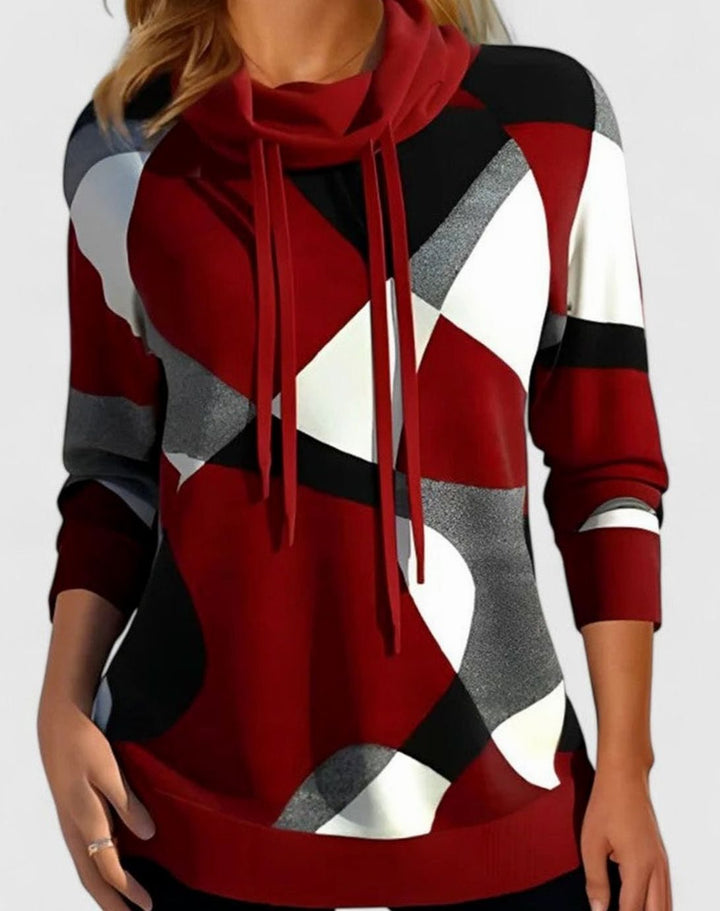 Women's Geometric Color Block Cowl Neck Pullover Sweater - Red