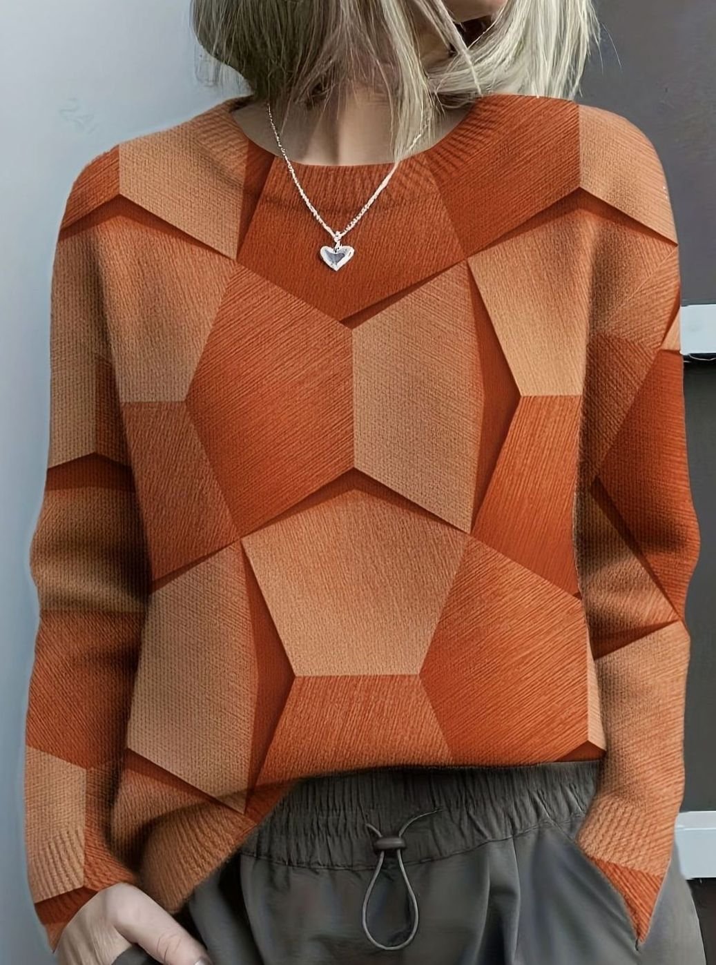 Women's Geometric Print Crew Neck Long Sleeve Knit Sweater - Orange