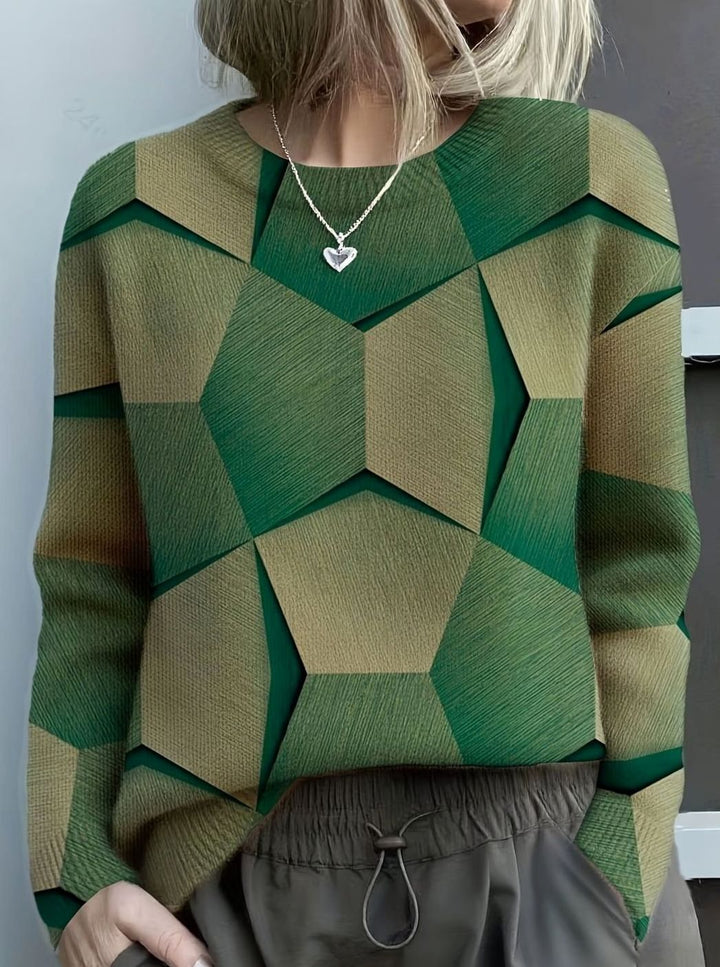 Women's Geometric Print Crew Neck Long Sleeve Knit Sweater - Green