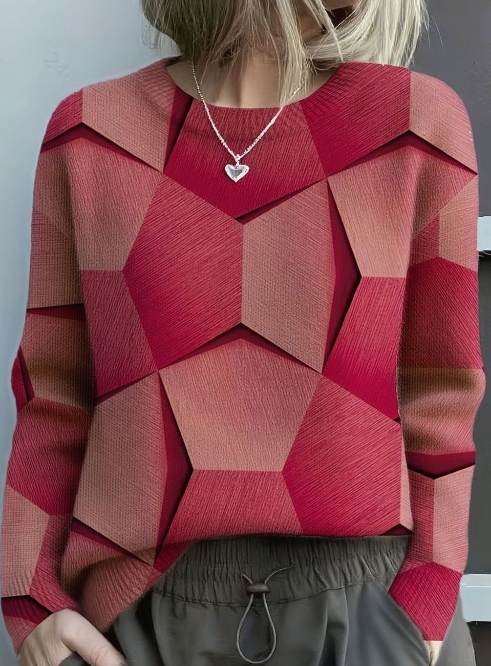 Women's Geometric Print Crew Neck Long Sleeve Knit Sweater - Red