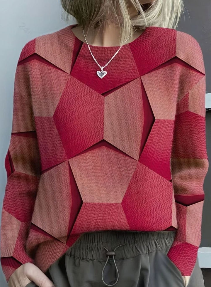 Women's Geometric Print Crew Neck Long Sleeve Knit Sweater - Red