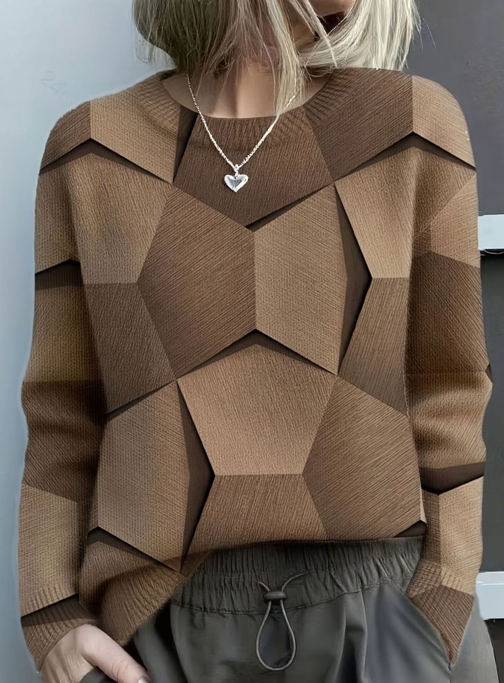 Women's Geometric Print Crew Neck Long Sleeve Knit Sweater - Brown
