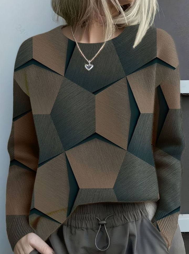 Women's Geometric Print Crew Neck Long Sleeve Knit Sweater - Black