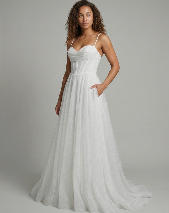 Women's Glitter Corset Bodice A-Line Bridal Ball Gown - White