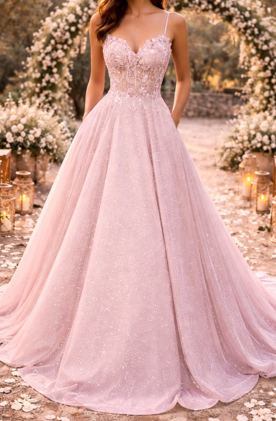 Women's Glitter Tulle Embroidered Bodice Ball Gown Wedding Guest Dress - Pink