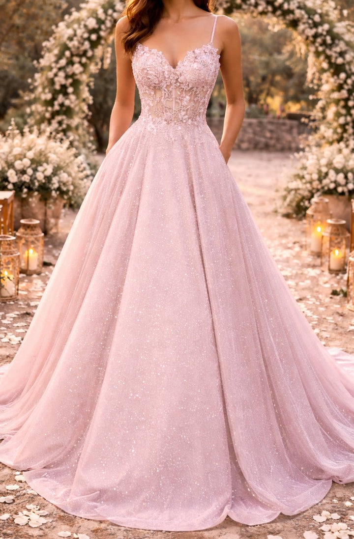 Women's Glitter Tulle Embroidered Bodice Ball Gown Wedding Guest Dress - Pink