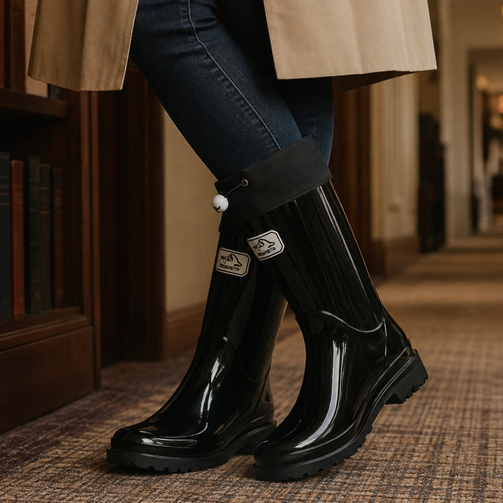 Women's Glossy Rubber Knee High Waterproof Rain Boots - Black