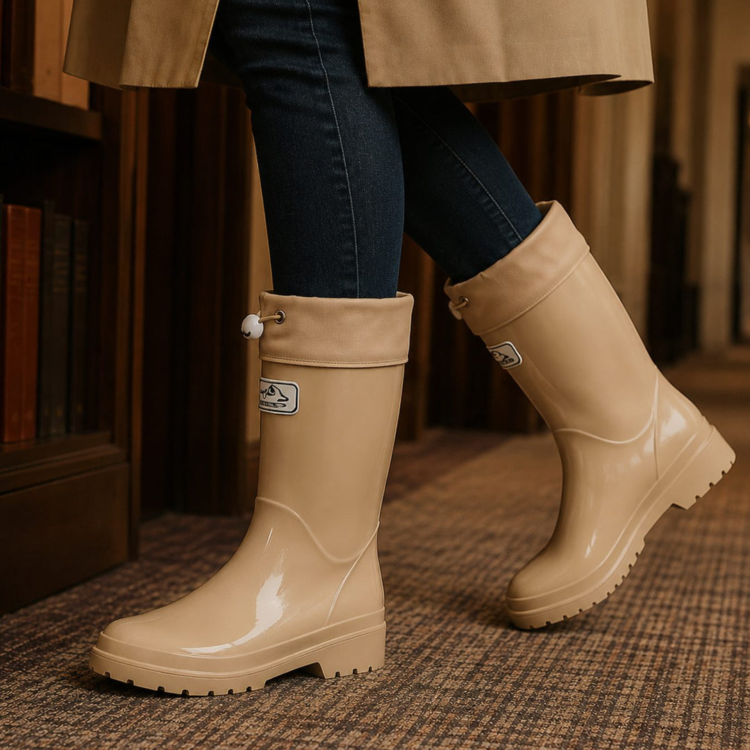 Women's Glossy Rubber Knee High Waterproof Rain Boots - Beige