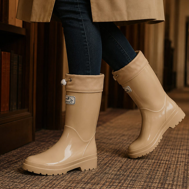 Women's Glossy Rubber Knee High Waterproof Rain Boots - Beige