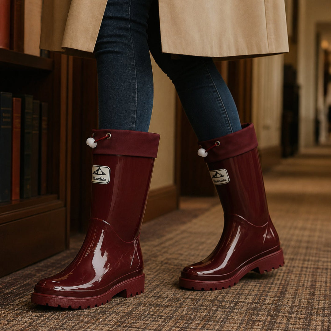 Women's Glossy Rubber Knee High Waterproof Rain Boots - Burgundy