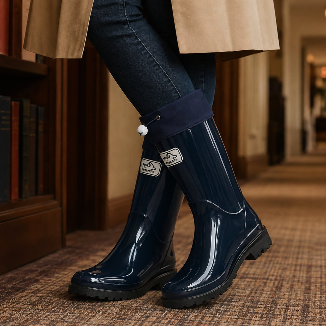 Women's Glossy Rubber Knee High Waterproof Rain Boots - Navy