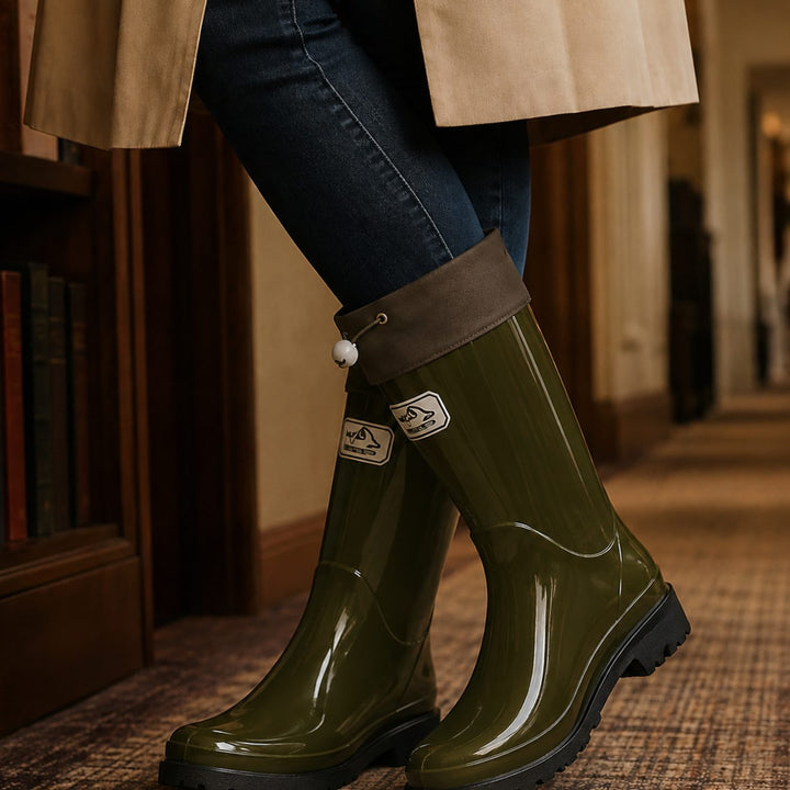 Women's Glossy Rubber Knee High Waterproof Rain Boots - Olive Green