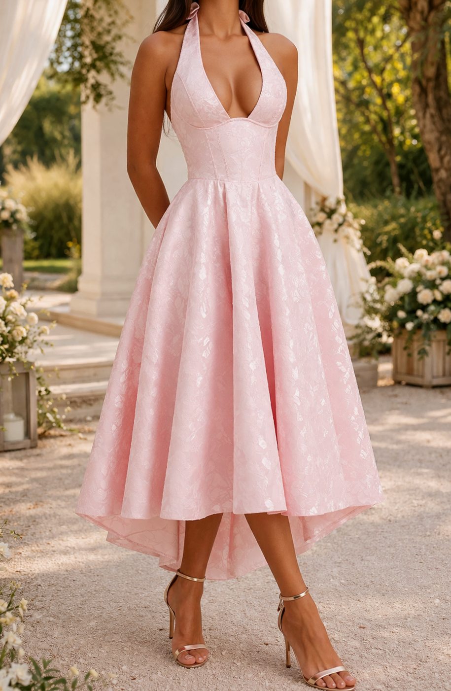 Women's Halter-Neck Jacquard Flared Midi Dress - Pink