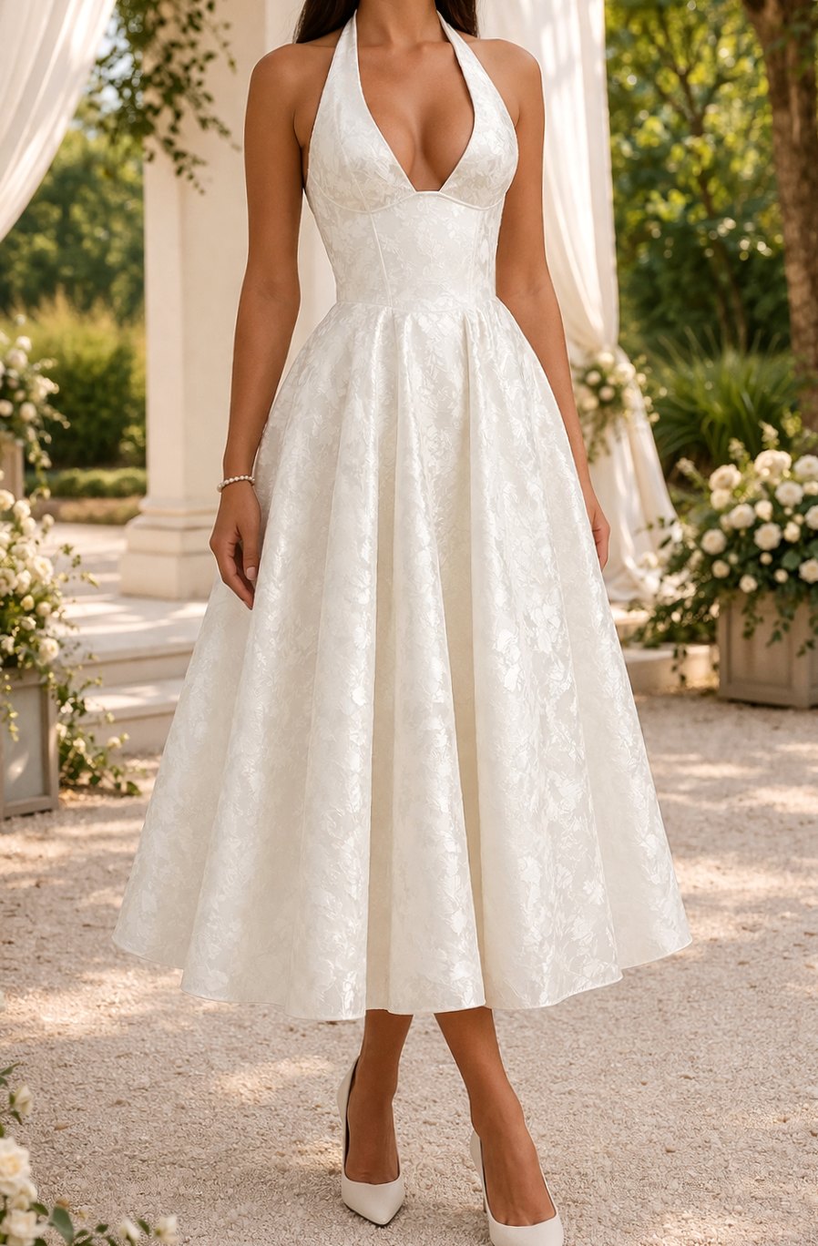 Women's Halter-Neck Jacquard Flared Midi Dress - White