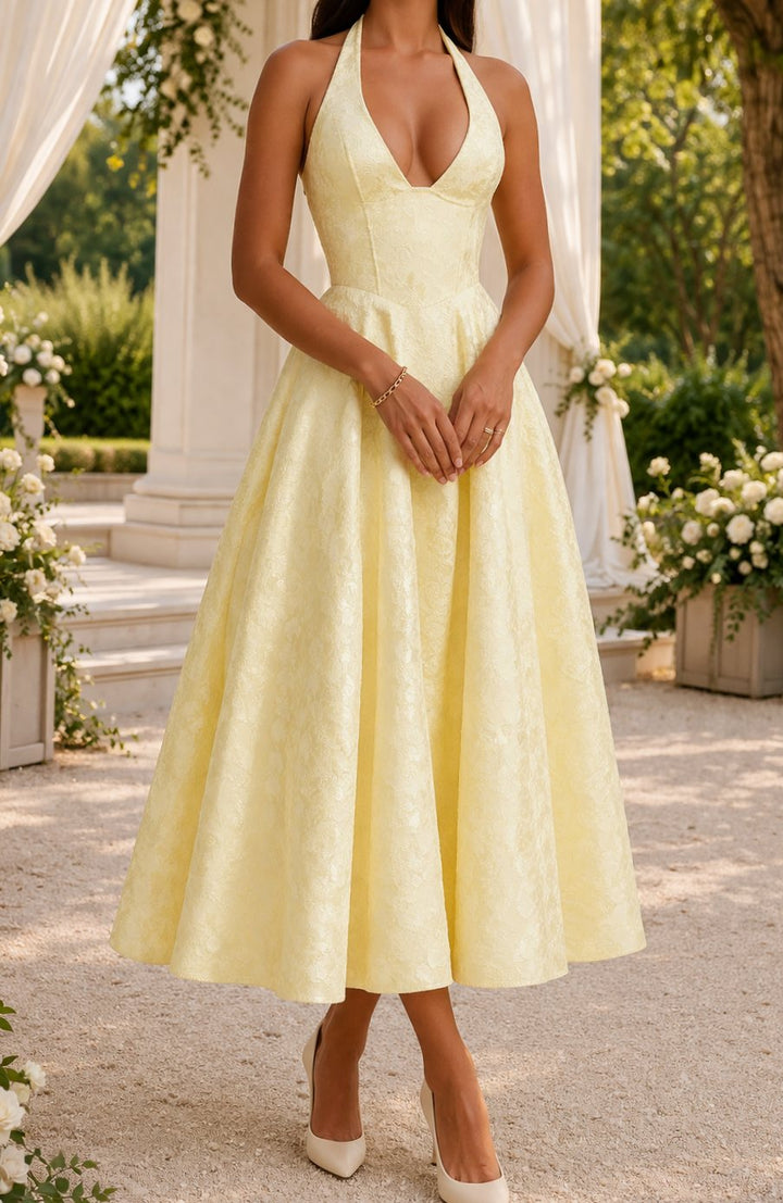 Women's Halter-Neck Jacquard Flared Midi Dress - Yellow