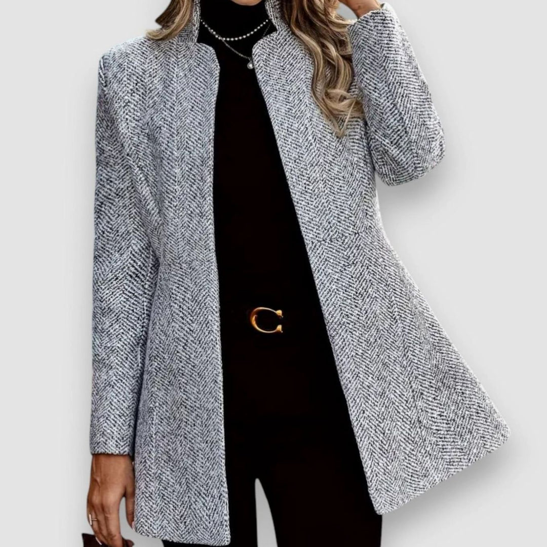 Women's Herringbone Open-Front Stand-Collar Longline Blazer - Gray
