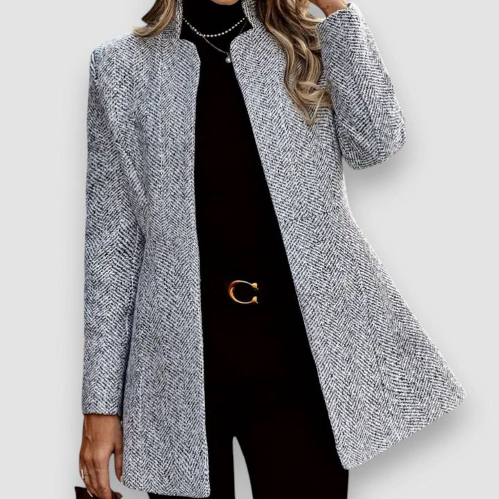 Women's Herringbone Open-Front Stand-Collar Longline Blazer - Gray
