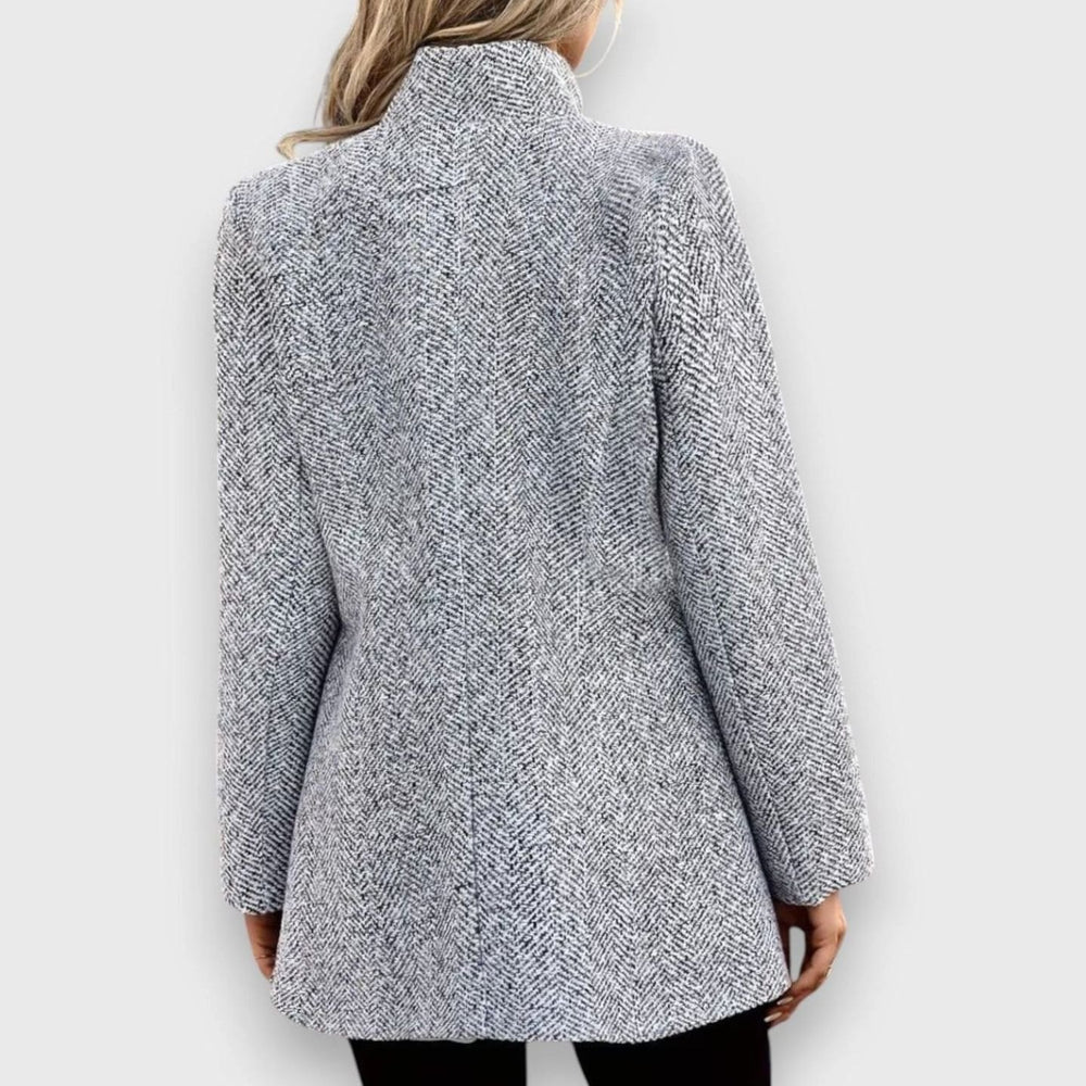 Women's Herringbone Open-Front Stand-Collar Longline Blazer
