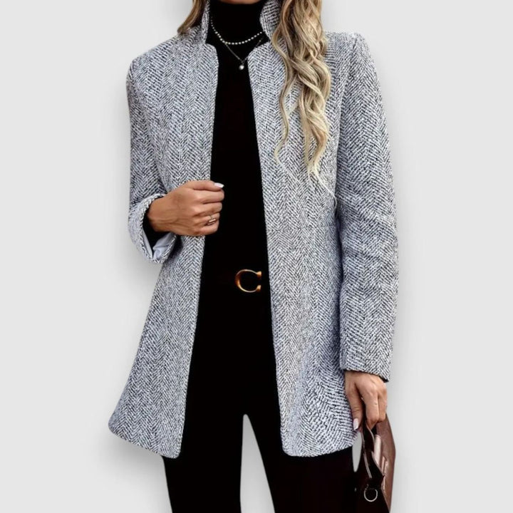 Women's Herringbone Open-Front Stand-Collar Longline Blazer