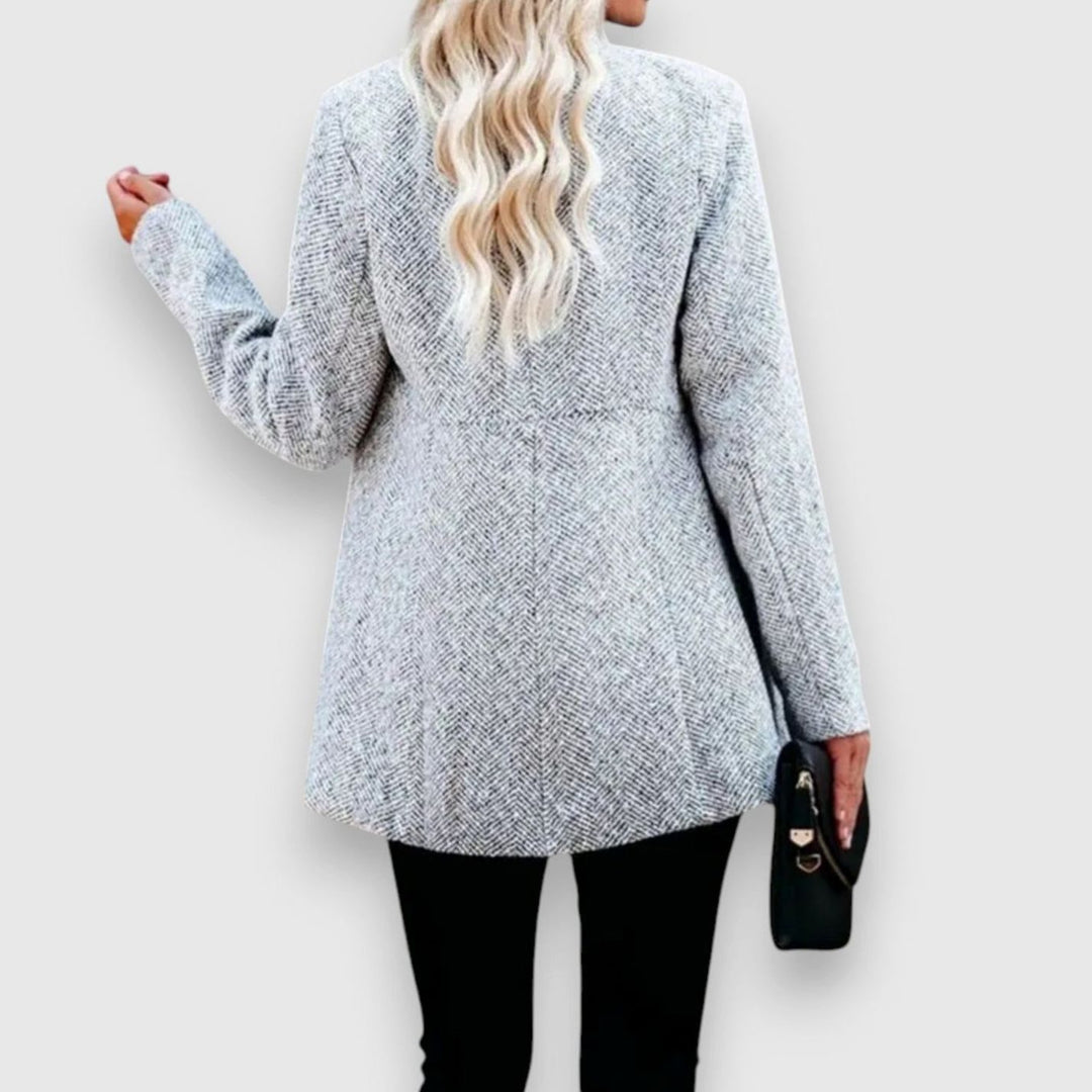 Women's Herringbone Open-Front Stand-Collar Longline Blazer