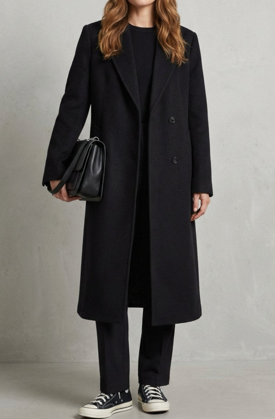 Women's Herringbone Wool Double-Breasted Long Overcoat - Black