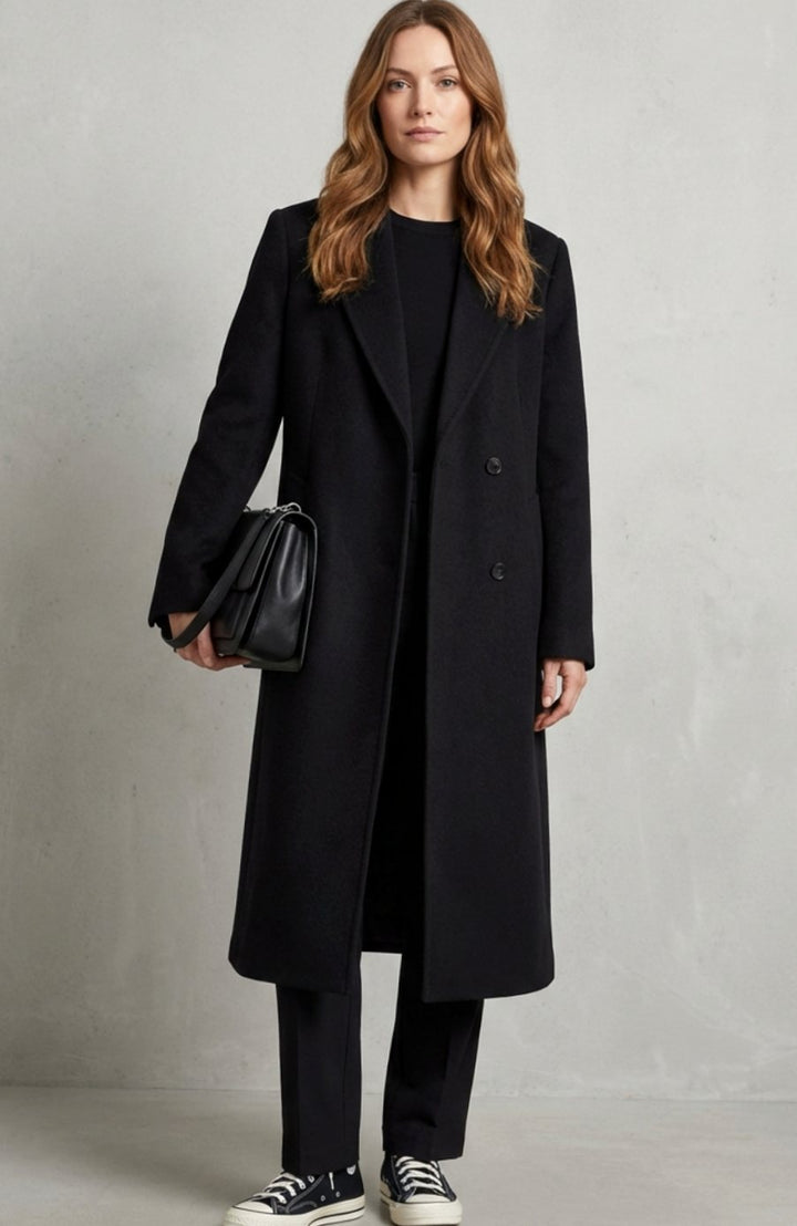 Women's Herringbone Wool Double-Breasted Long Overcoat