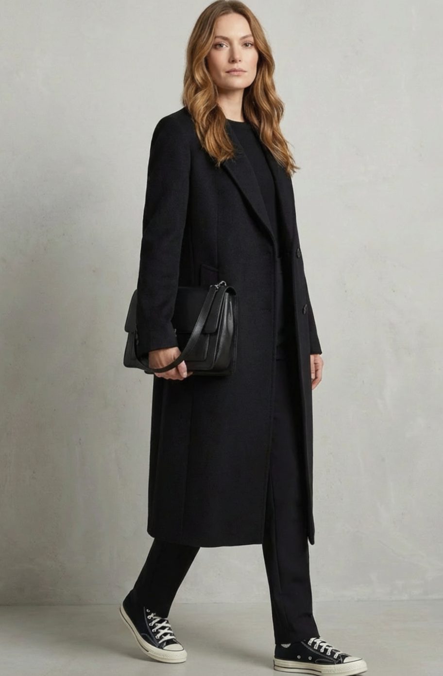 Women's Herringbone Wool Double-Breasted Long Overcoat