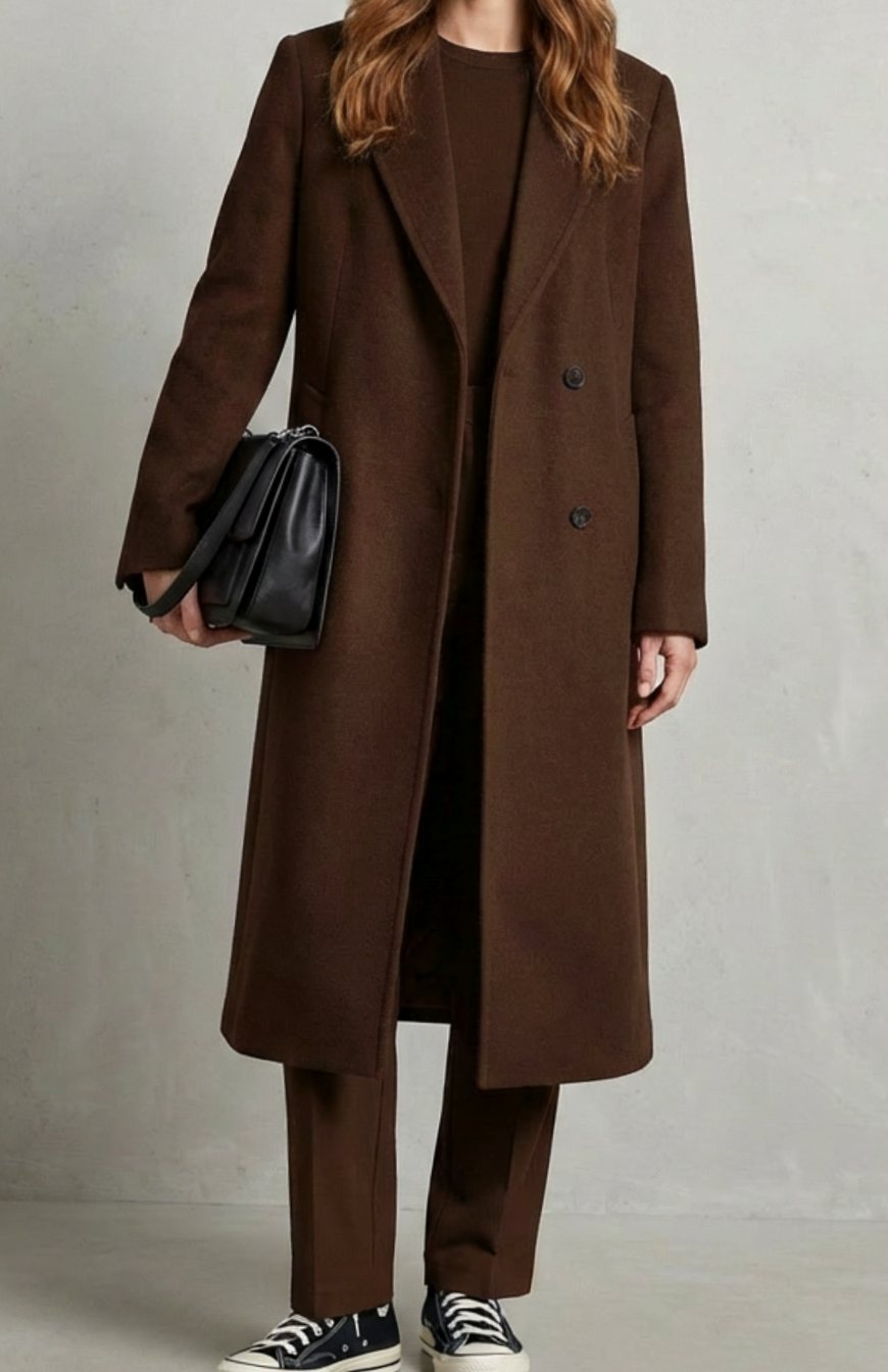 Women's Herringbone Wool Double-Breasted Long Overcoat - Brown