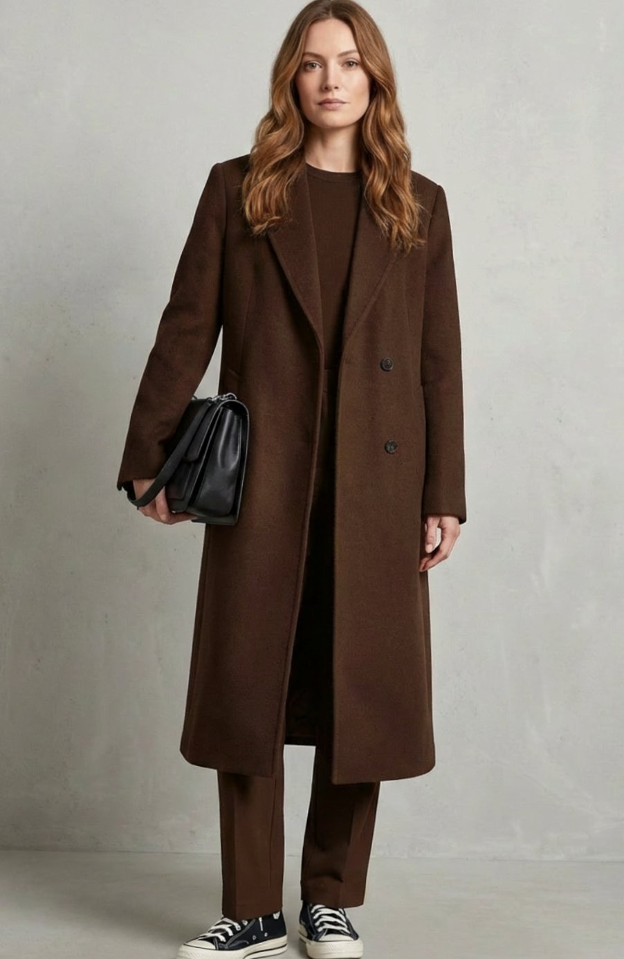 Women's Herringbone Wool Double-Breasted Long Overcoat