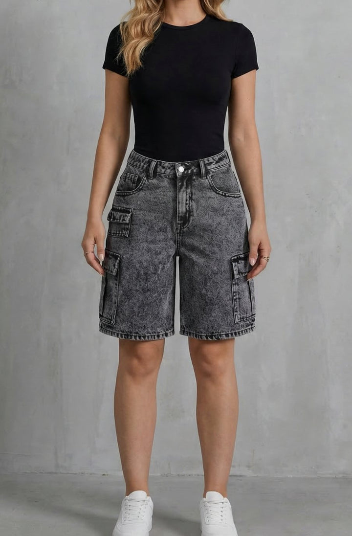 Women's High-Rise Washed Denim Cargo Shorts - Dark Gray