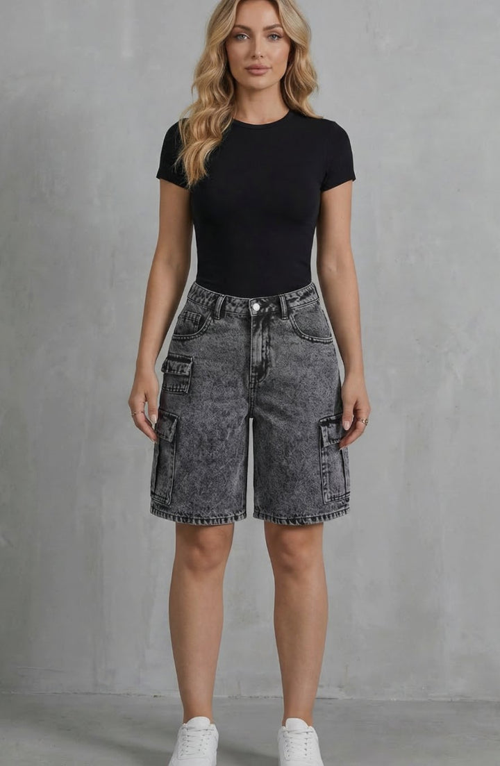 Women's High-Rise Washed Denim Cargo Shorts