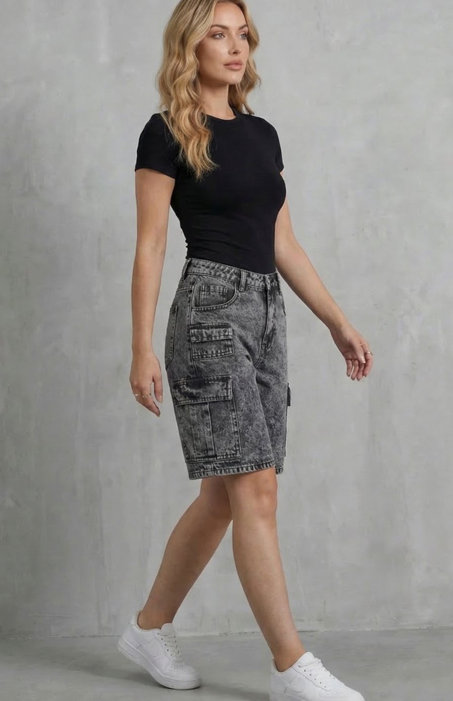 Women's High-Rise Washed Denim Cargo Shorts