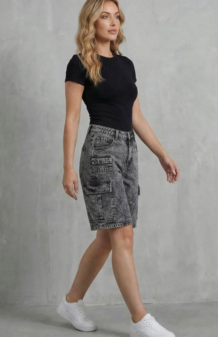 Women's High-Rise Washed Denim Cargo Shorts