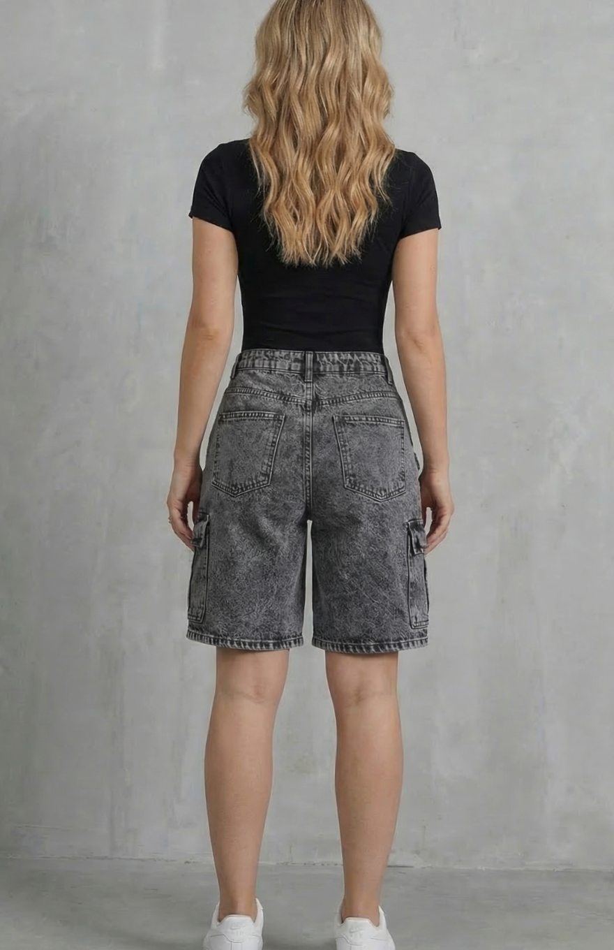 Women's High-Rise Washed Denim Cargo Shorts