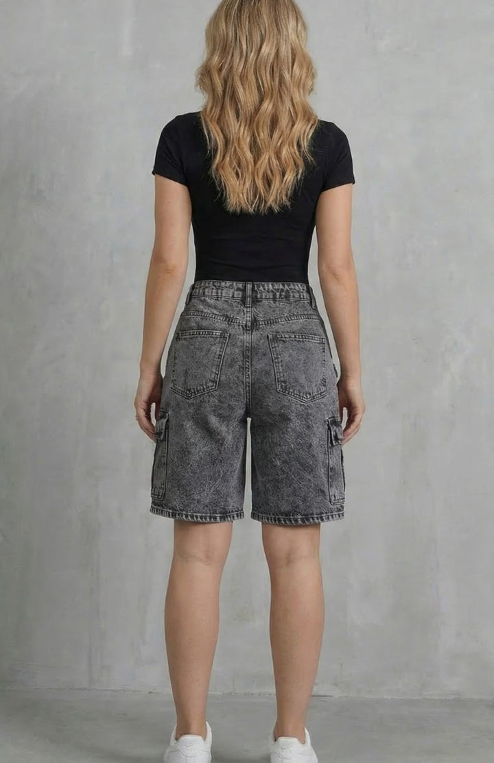 Women's High-Rise Washed Denim Cargo Shorts