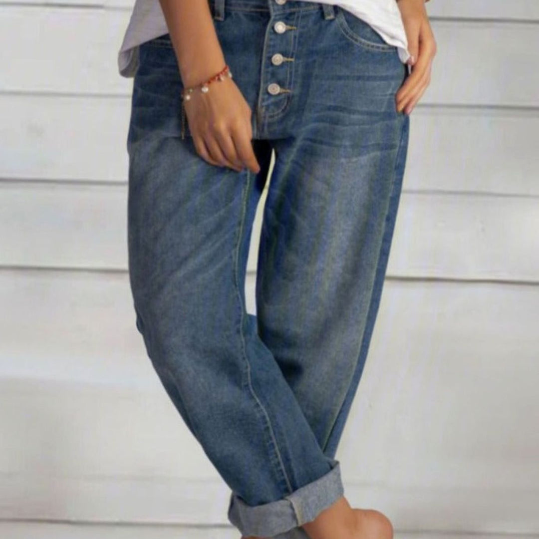 Women's High-Waist Barrel-Fit Button-Fly Baggy Jeans - Blue