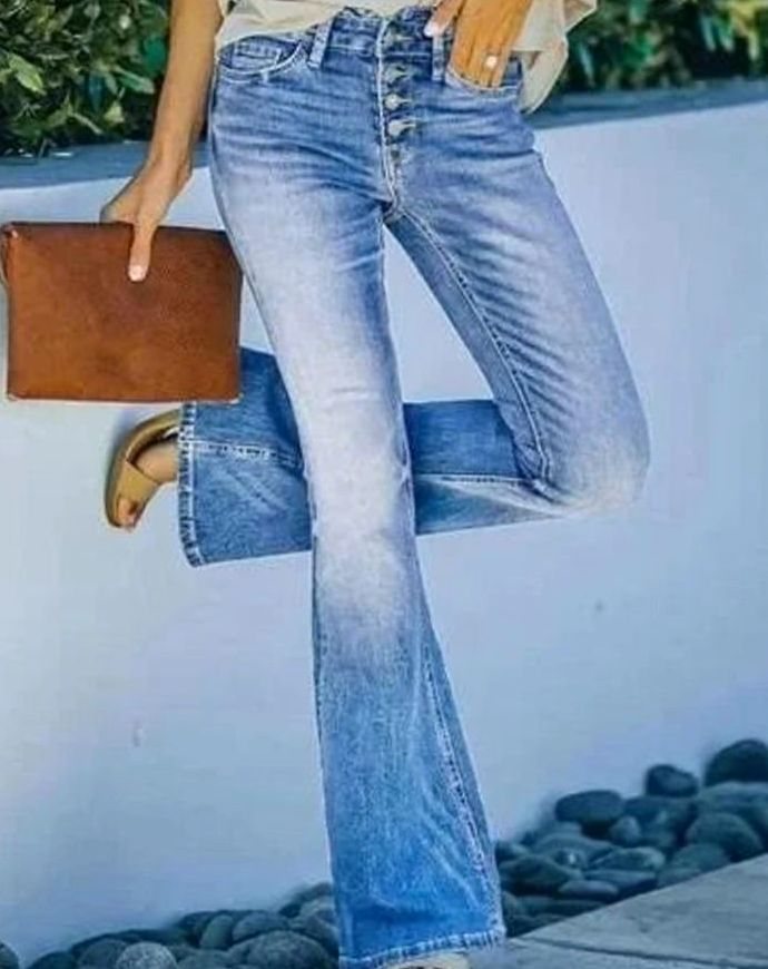 Women's High-Waist Button-Fly Flare Jeans Vintage Wash