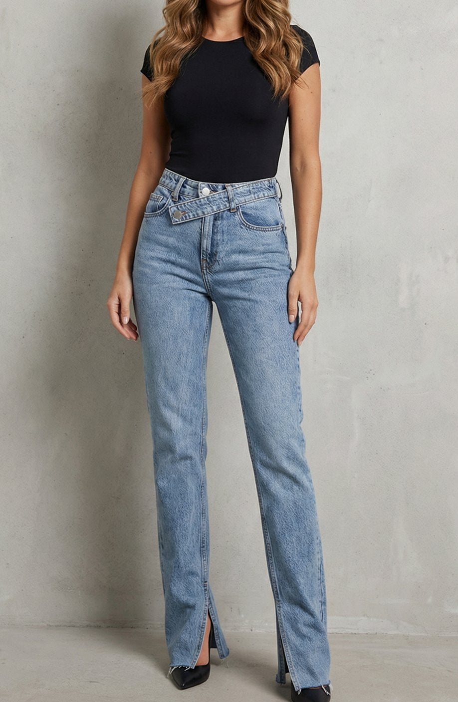 Women's High-Waist Cross-Belt Flare Jeans in Blue Tint, Light Blue - Blue