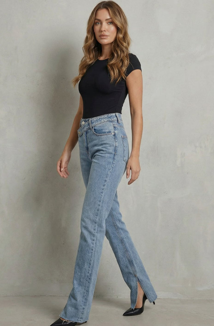 Women's High-Waist Cross-Belt Flare Jeans in Blue Tint, Light Blue