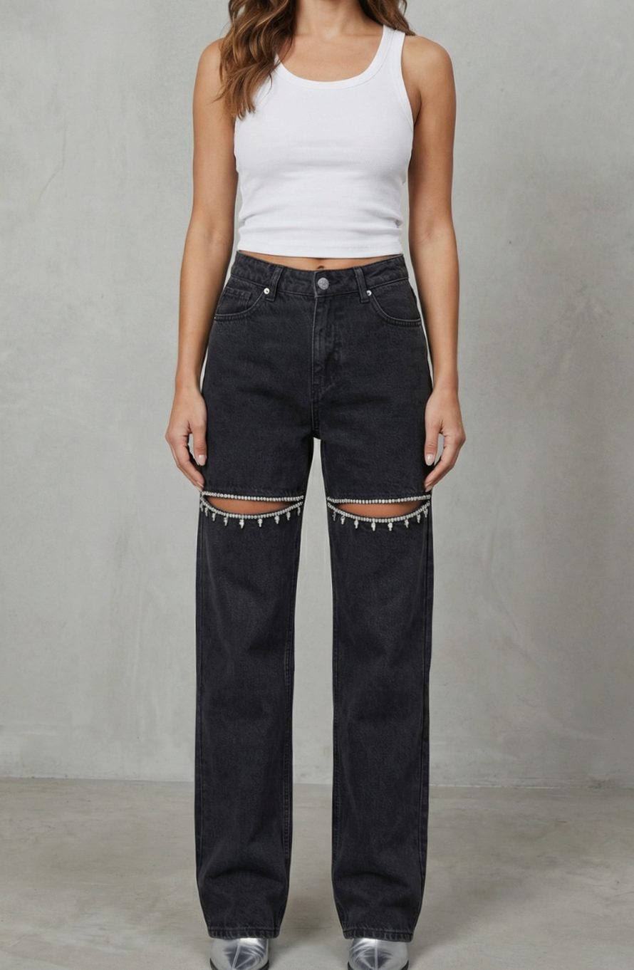 Women's High-Waist Dark Wash Wide Leg Jeans Crystal Cut-Out Detail - Black
